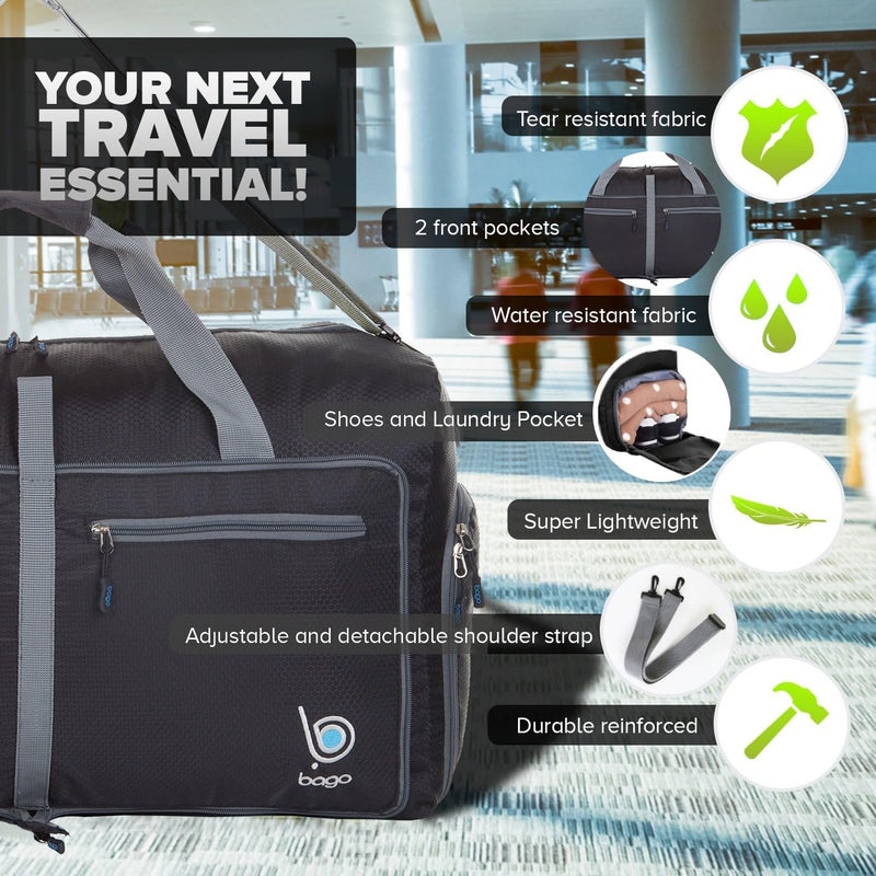 Bago Large Foldable Duffel Bags for Traveling Women & Men - 80L Packable Duffle Bag for Travel with Shoe Compartment - Water Repellant, Heavy Duty, Lightweight Folding & Collapsible (Black) - Image 2